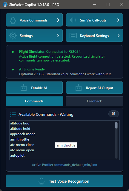 Main screen showing the Commands tab