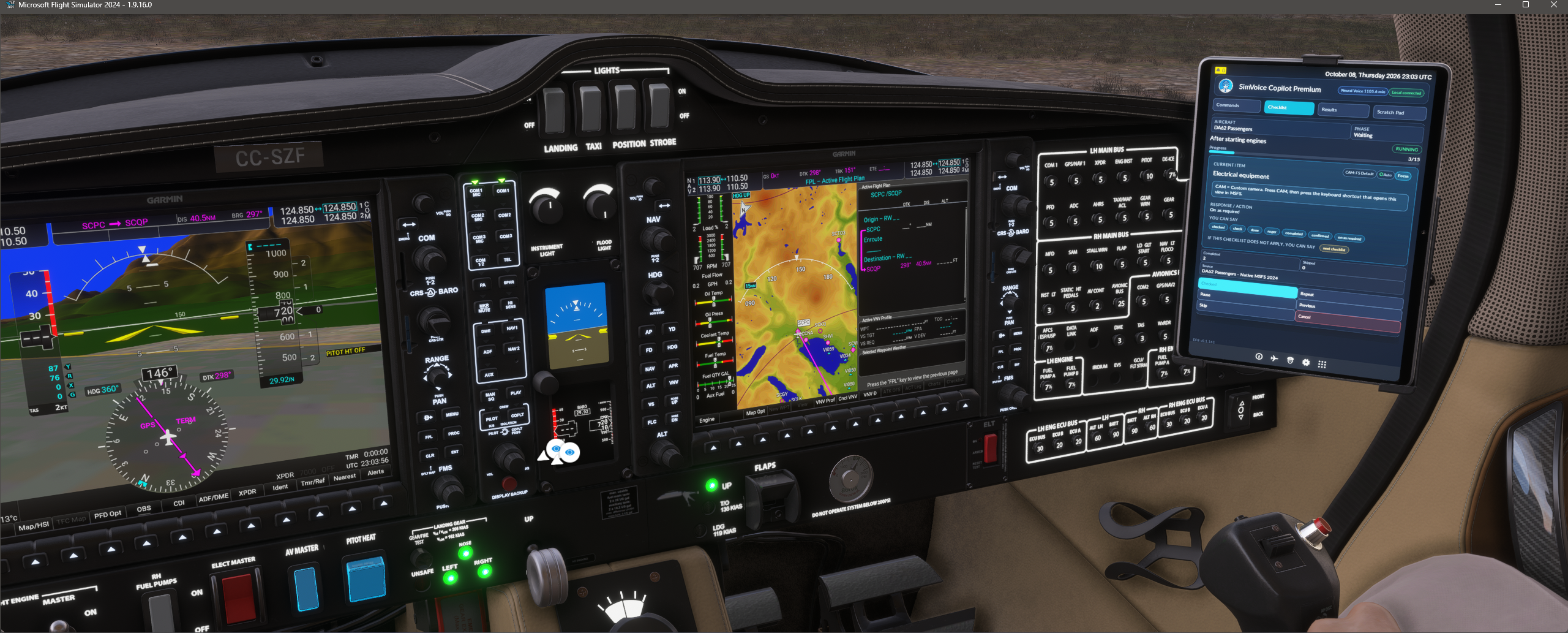 G3000 flight plan visible in cockpit alongside EFB