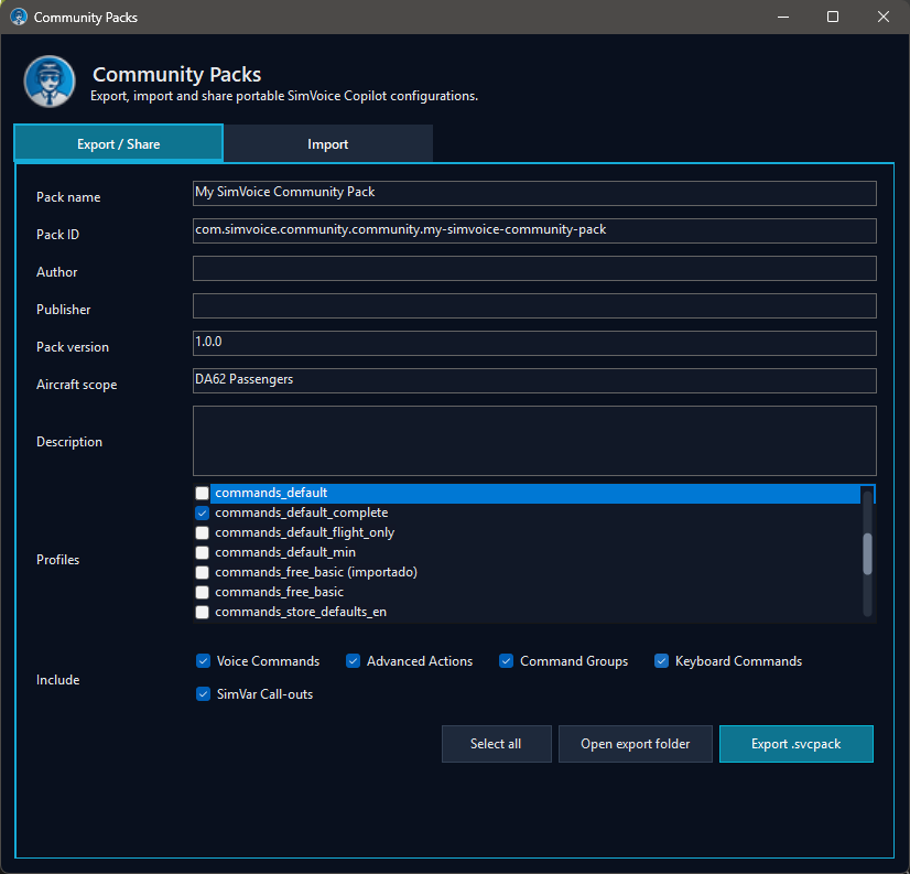 Community Pack export