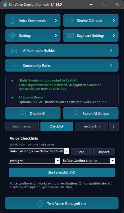 Main screen showing the Checklist tab