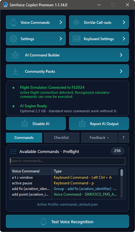 Main screen showing the Commands tab