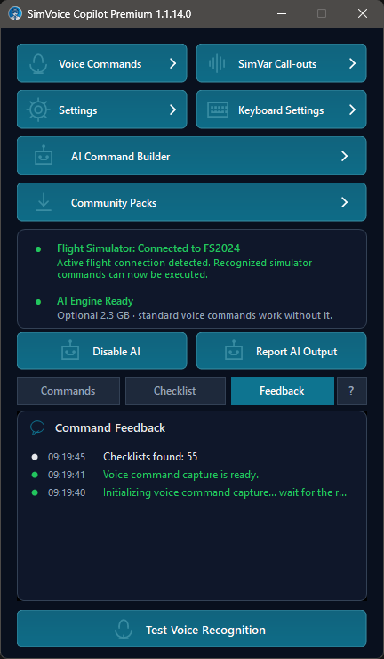 Main screen showing the Feedback tab