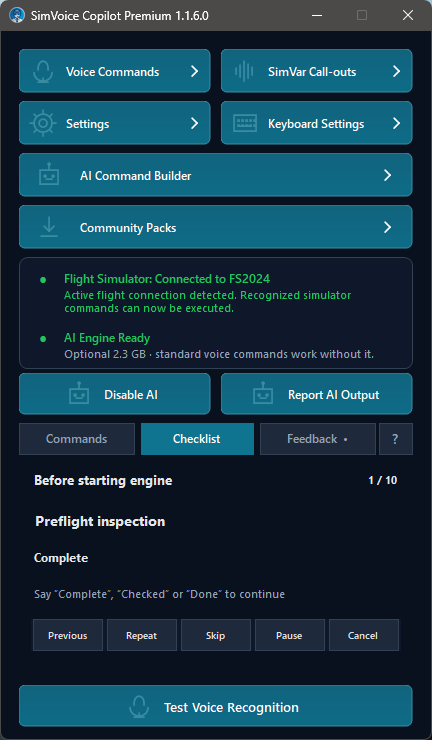 Main screen showing an active checklist session