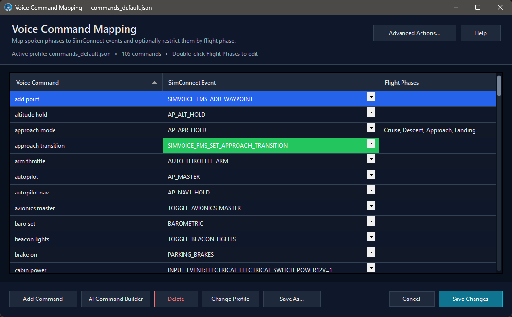 Voice Command Mapping window