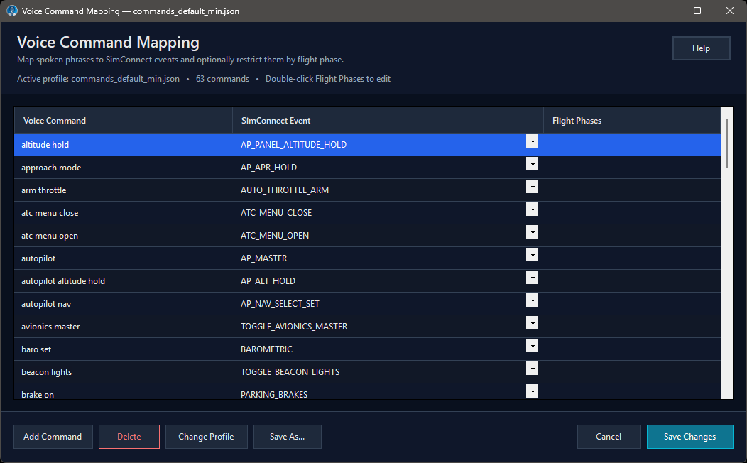 Voice Command Mapping window