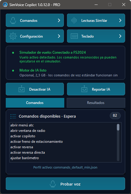 Pantalla principal con la pestaña Comandos
