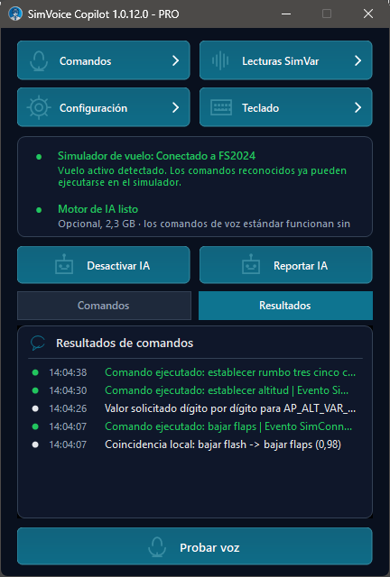 Pantalla principal con la pestaña Resultados
