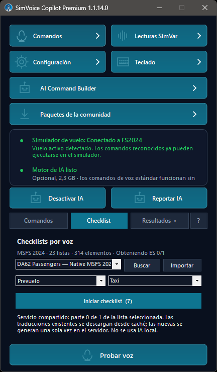 Pantalla principal mostrando la pestaña Checklist