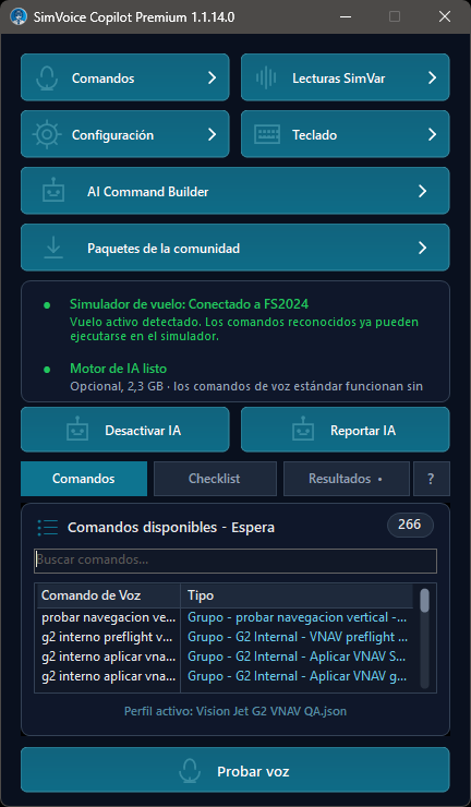 Pantalla principal mostrando la pestaña Commands