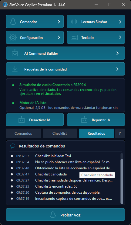 Pantalla principal mostrando la pestaña Feedback