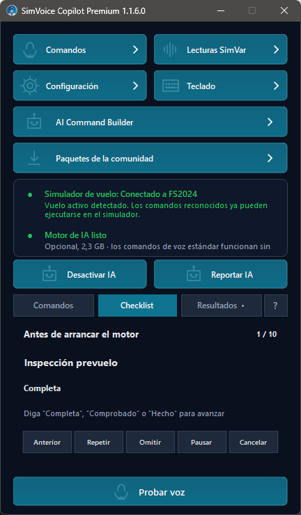 Pantalla principal mostrando una checklist activa