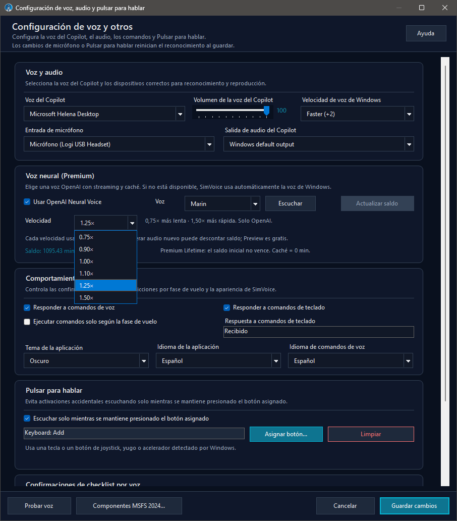 Configuración de voz, audio y Push-to-Talk