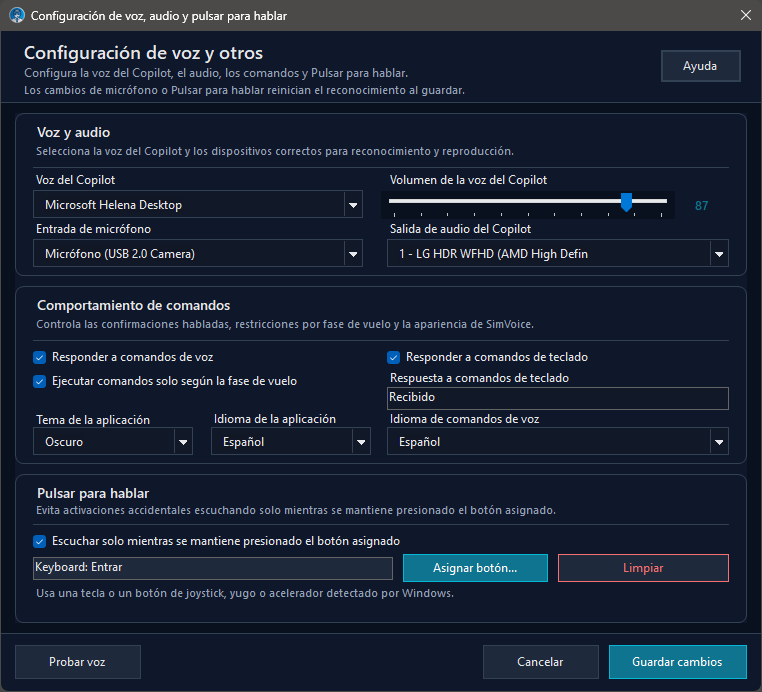 Configuración de voz, audio y Pulsar para hablar