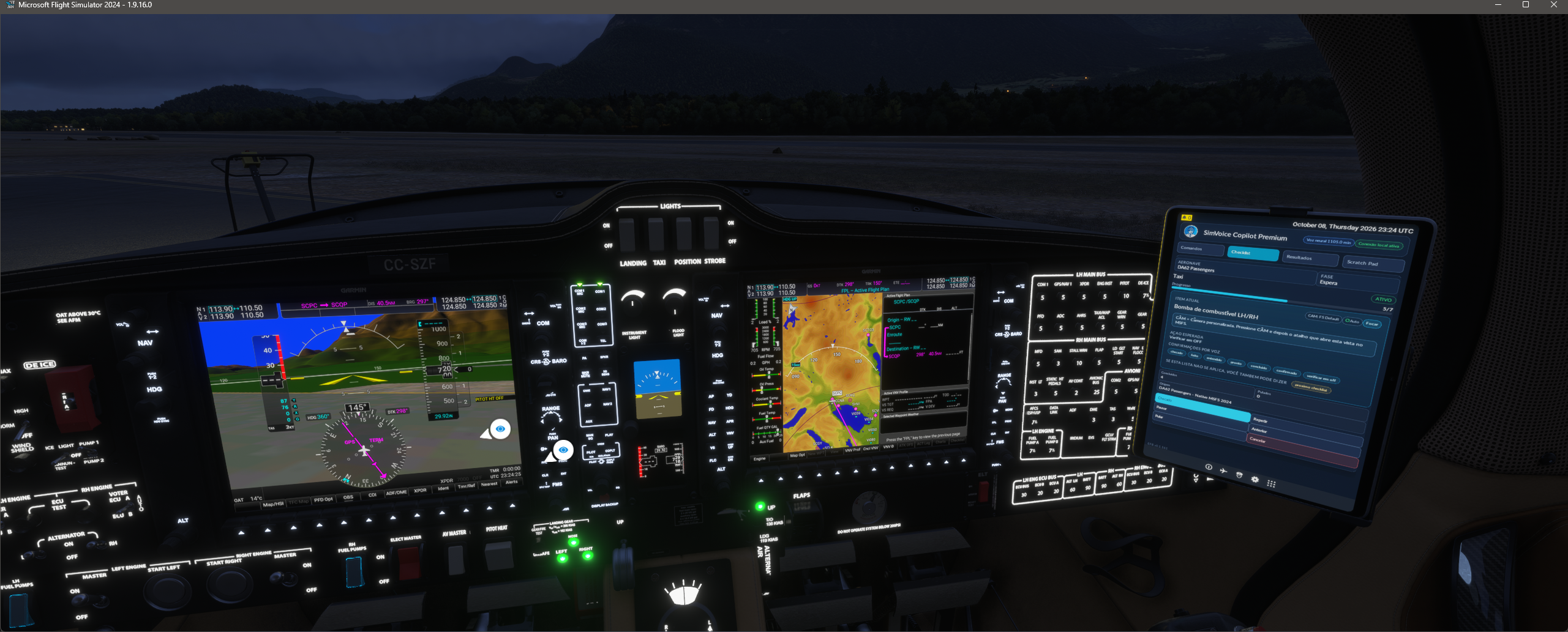 Plano de voo Garmin visível no cockpit
