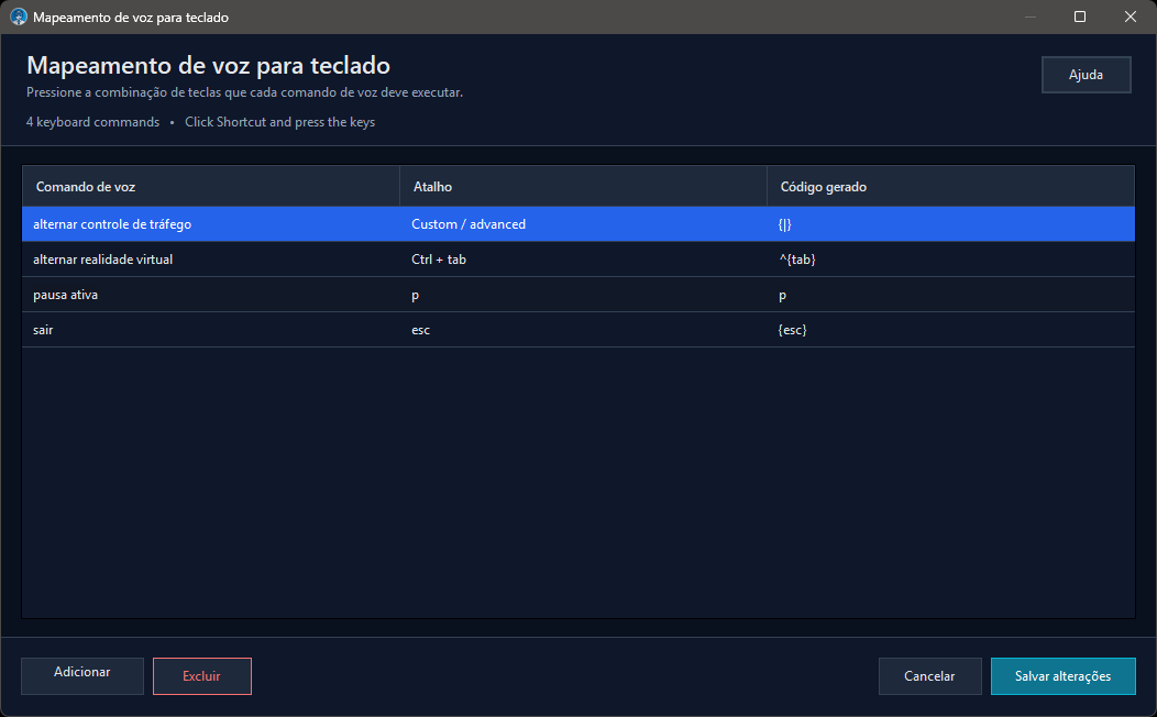 Janela Mapeamento de voz para teclado