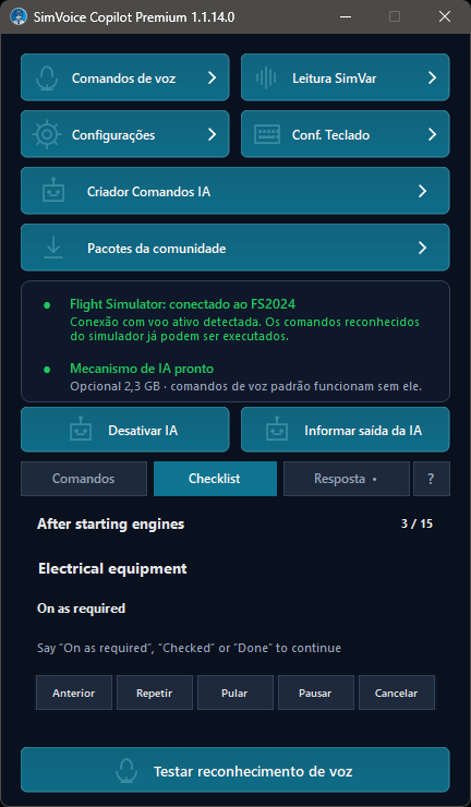 Tela principal mostrando uma checklist ativa