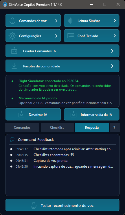 Tela principal mostrando a aba Feedback