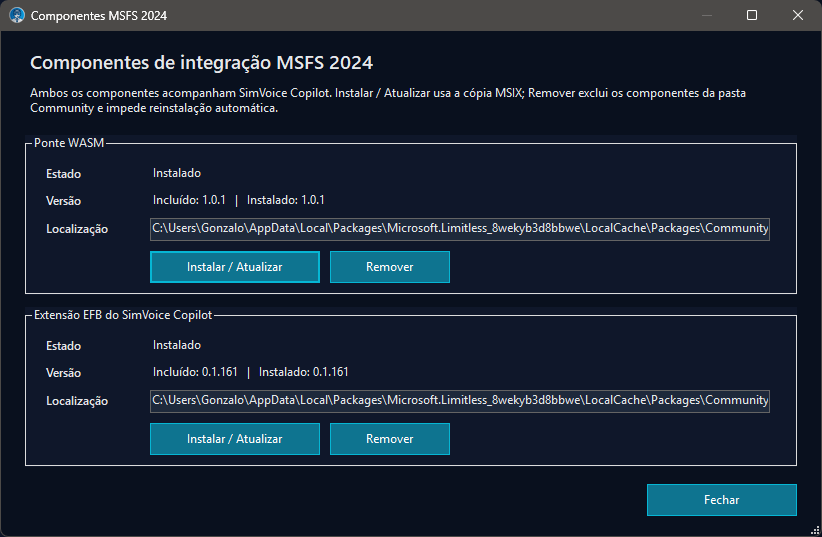 Componentes de integração do MSFS 2024