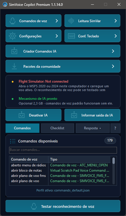 Tela principal mostrando a aba Commands