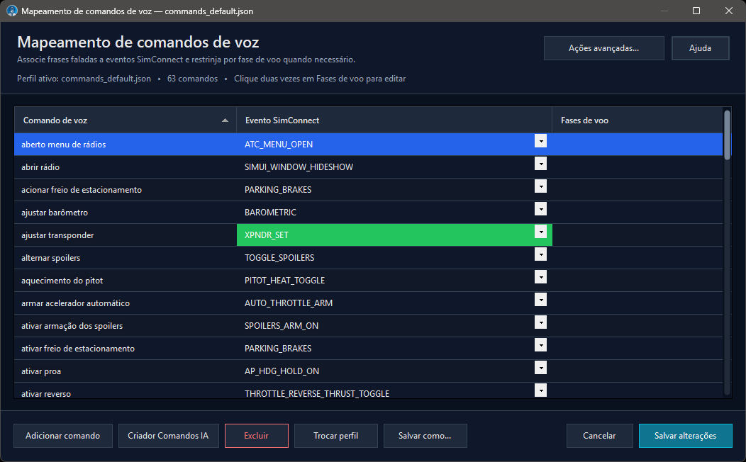 Janela Mapeamento de comandos de voz