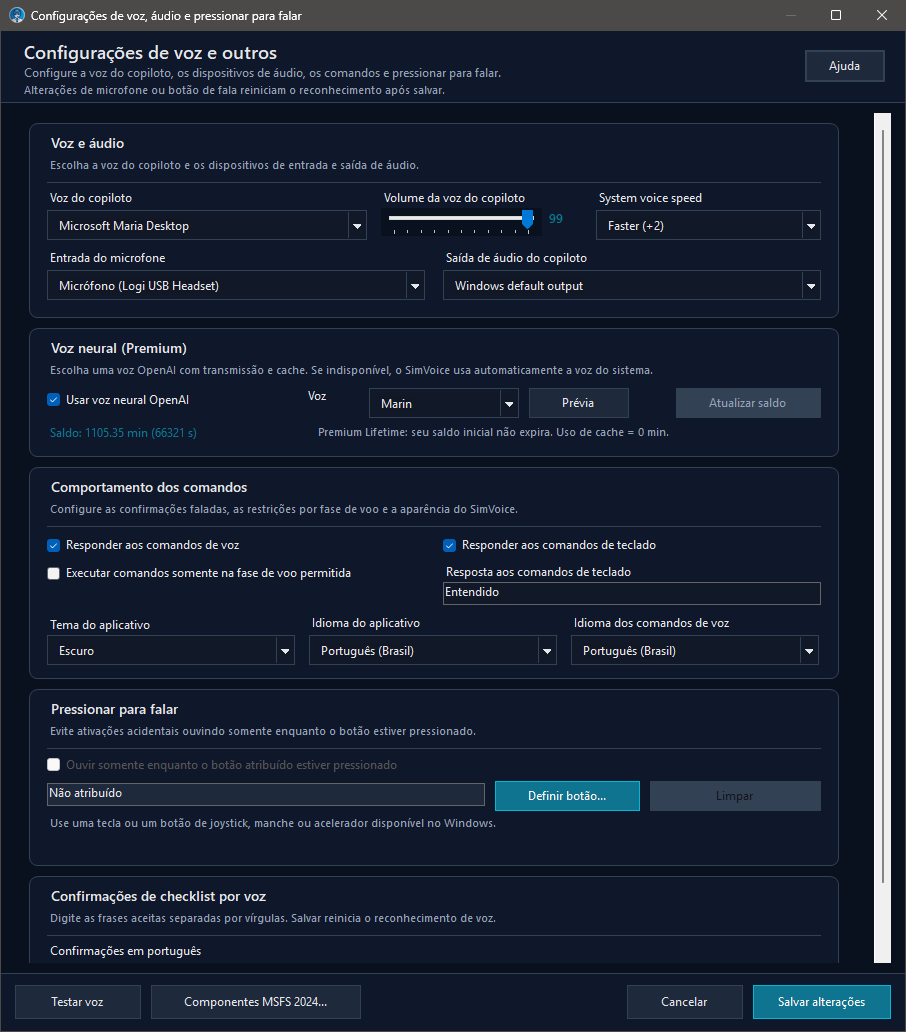Configuração de voz, áudio e Push-to-Talk