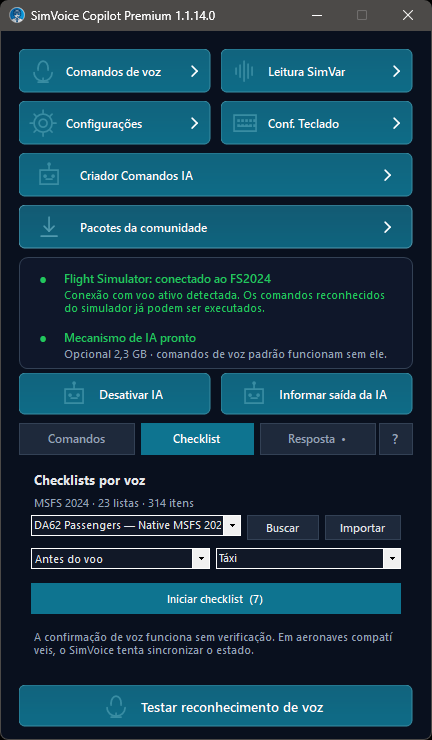 Interface do SimVoice Copilot mostrando controles de comandos de voz