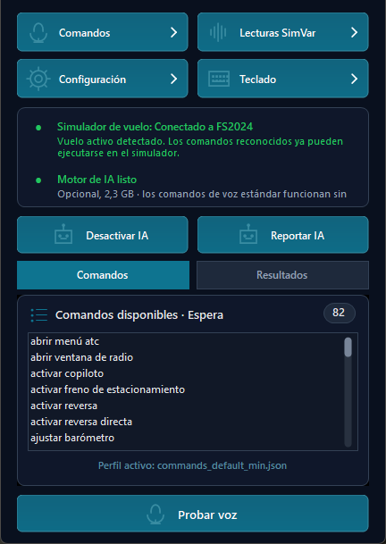 Interfaz de SimVoice Copilot en español