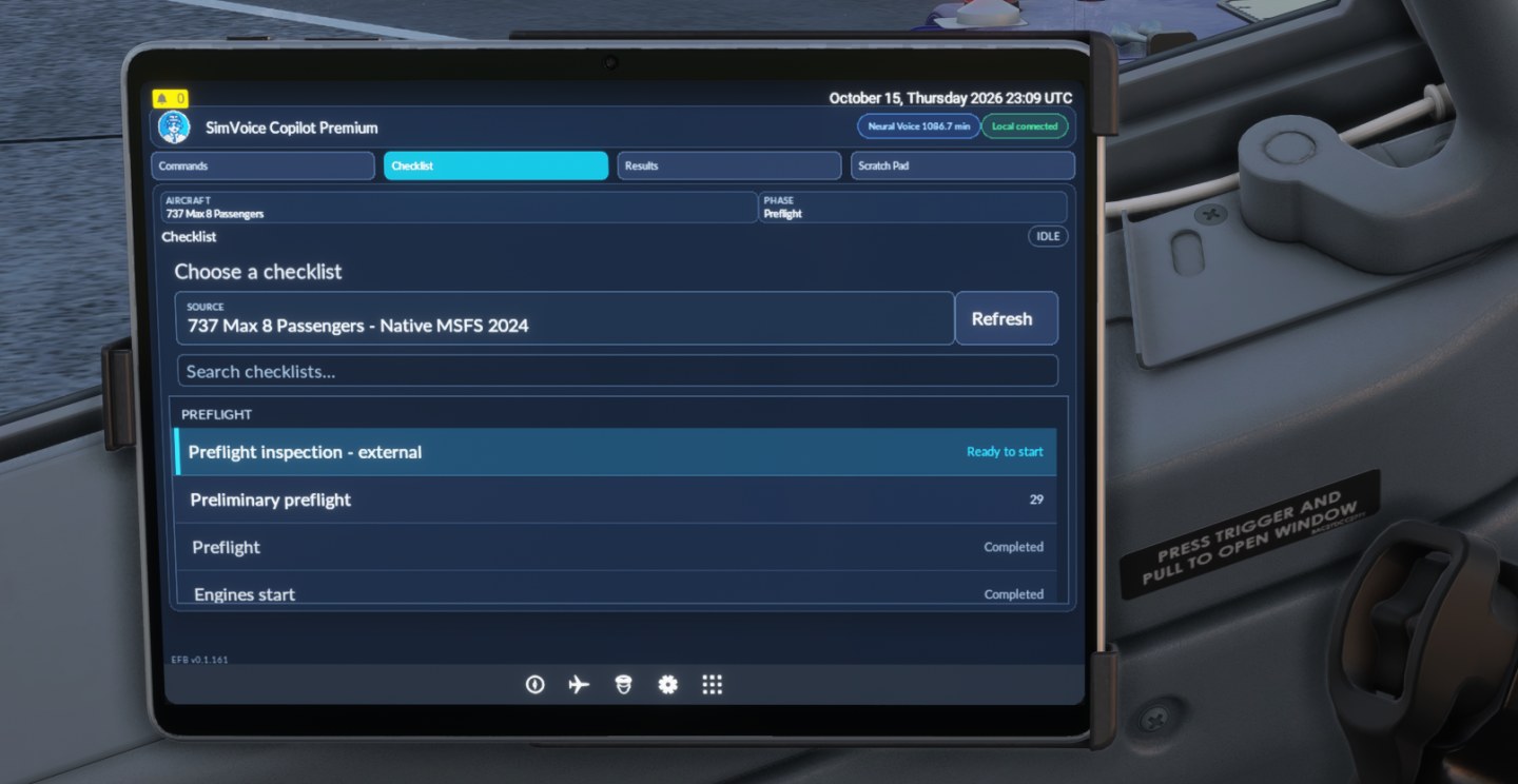 SimVoice Copilot MSFS2024 EFB checklist